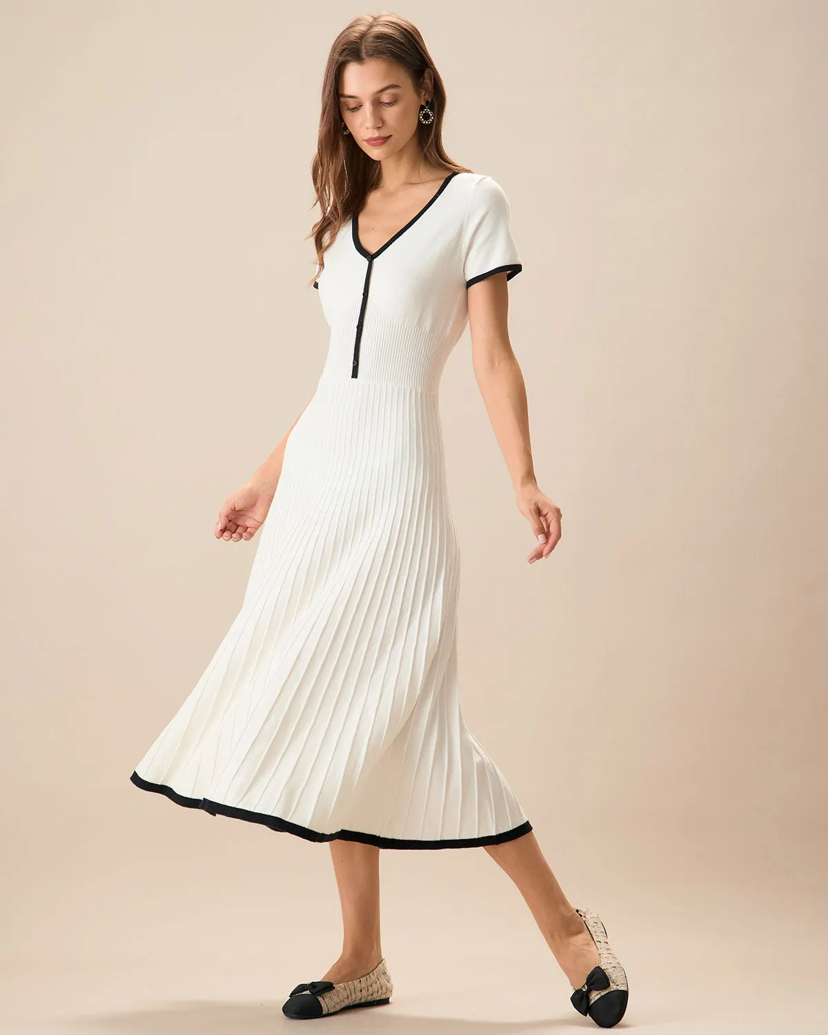 Women's White Contrasting Sweater Midi Dress