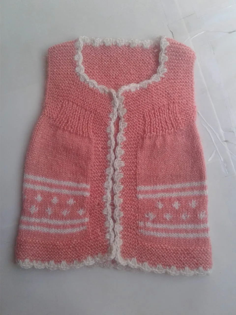 Woonie Crochet Handmade Half Sleeve Cardigan For New Born Baby- Baby Pink & White