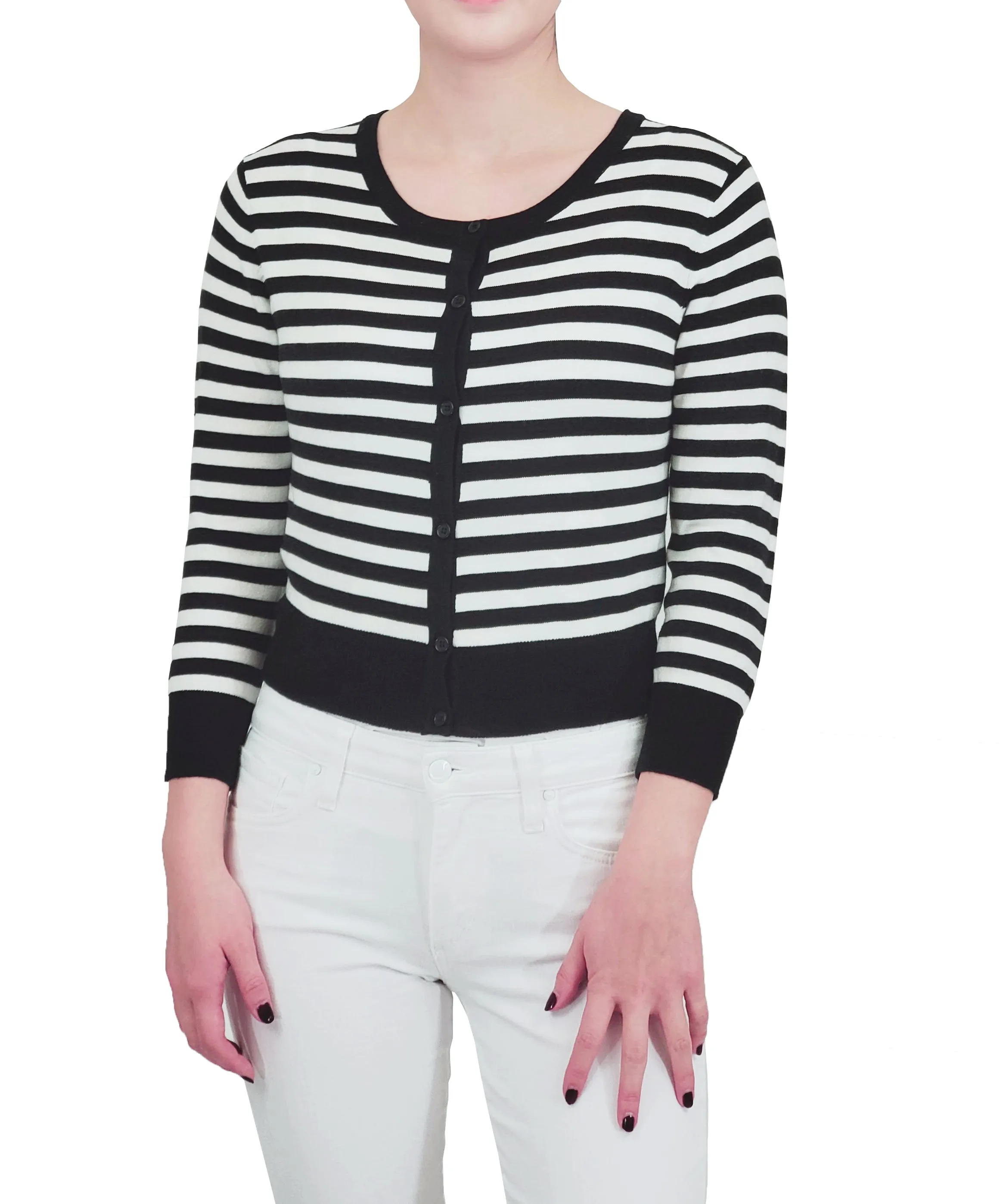 Yemak Women's 3/4 Sleeve Crewneck Striped Sweater Cardigan MK3521