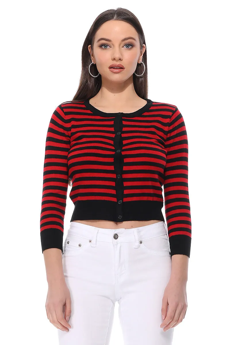 Yemak Women's 3/4 Sleeve Crewneck Striped Sweater Cardigan MK3521