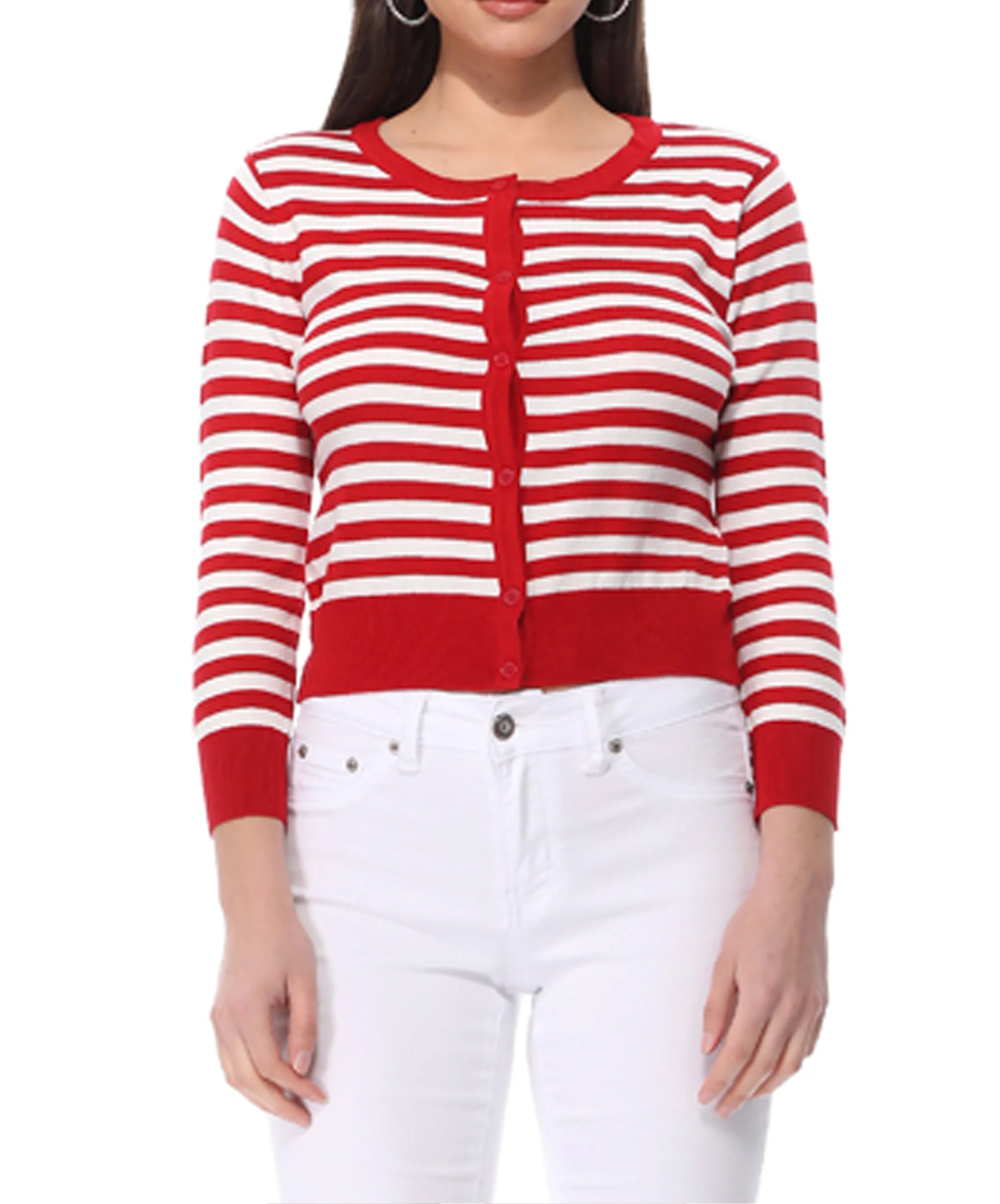 Yemak Women's 3/4 Sleeve Crewneck Striped Sweater Cardigan MK3521