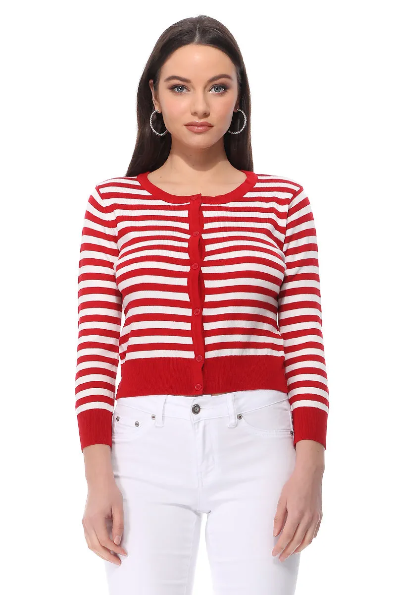 Yemak Women's 3/4 Sleeve Crewneck Striped Sweater Cardigan MK3521