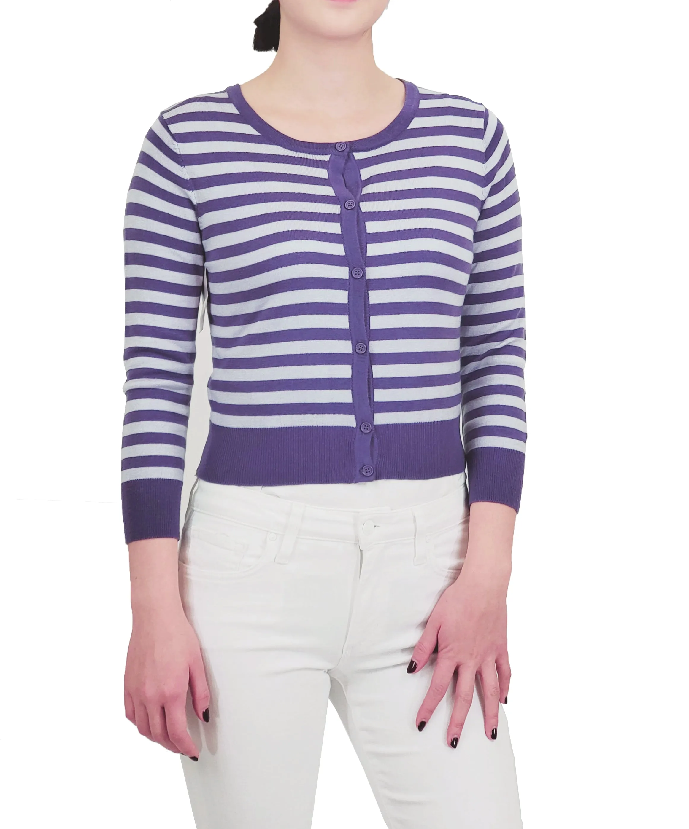 Yemak Women's 3/4 Sleeve Crewneck Striped Sweater Cardigan MK3521