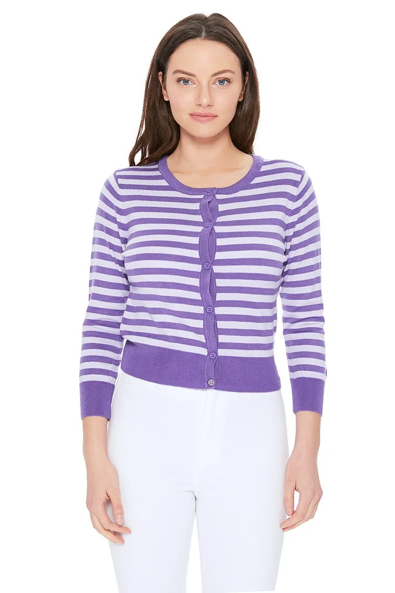 Yemak Women's 3/4 Sleeve Crewneck Striped Sweater Cardigan MK3521