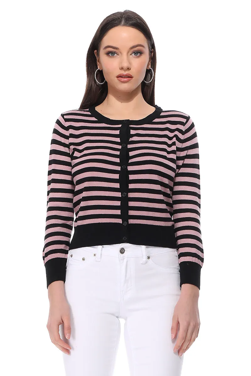 Yemak Women's 3/4 Sleeve Crewneck Striped Sweater Cardigan MK3521