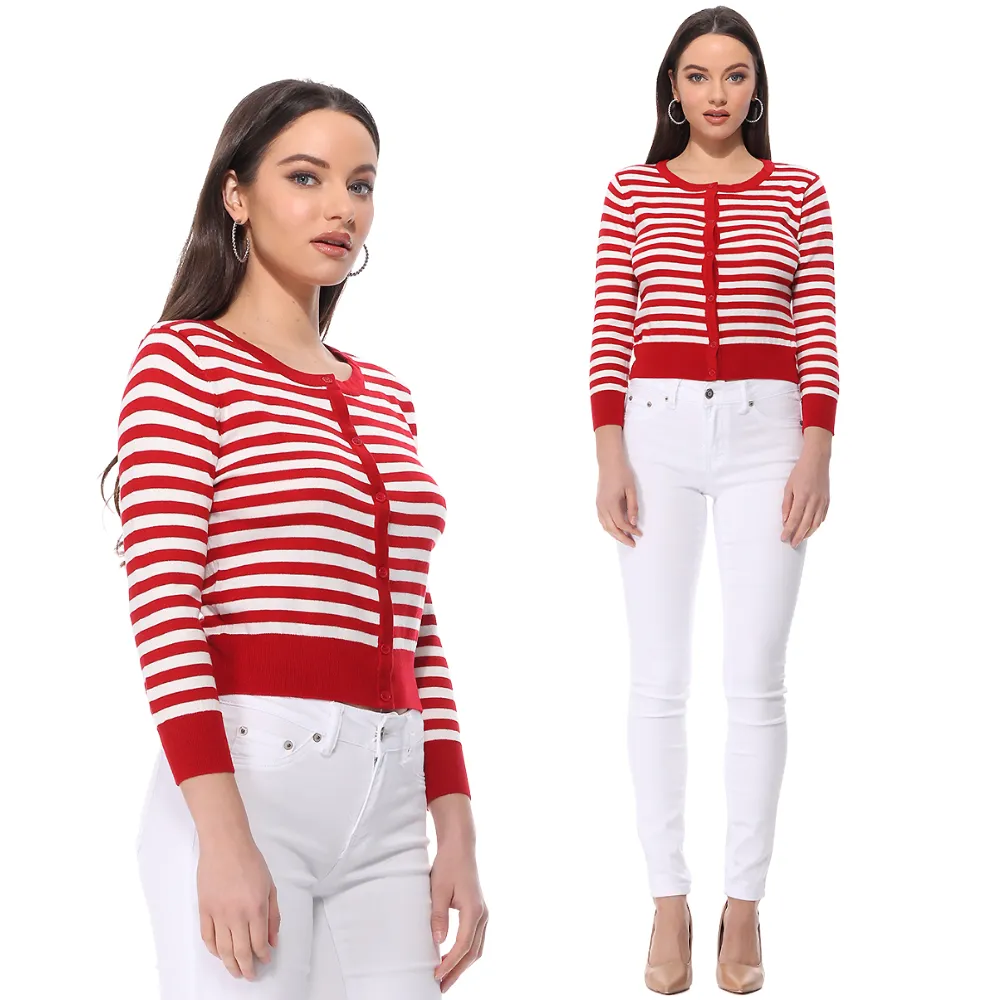 Yemak Women's 3/4 Sleeve Crewneck Striped Sweater Cardigan MK3521