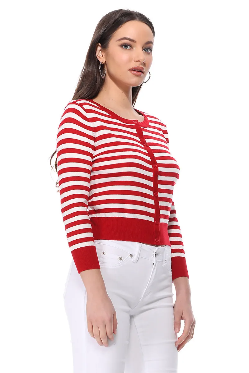 Yemak Women's 3/4 Sleeve Crewneck Striped Sweater Cardigan MK3521