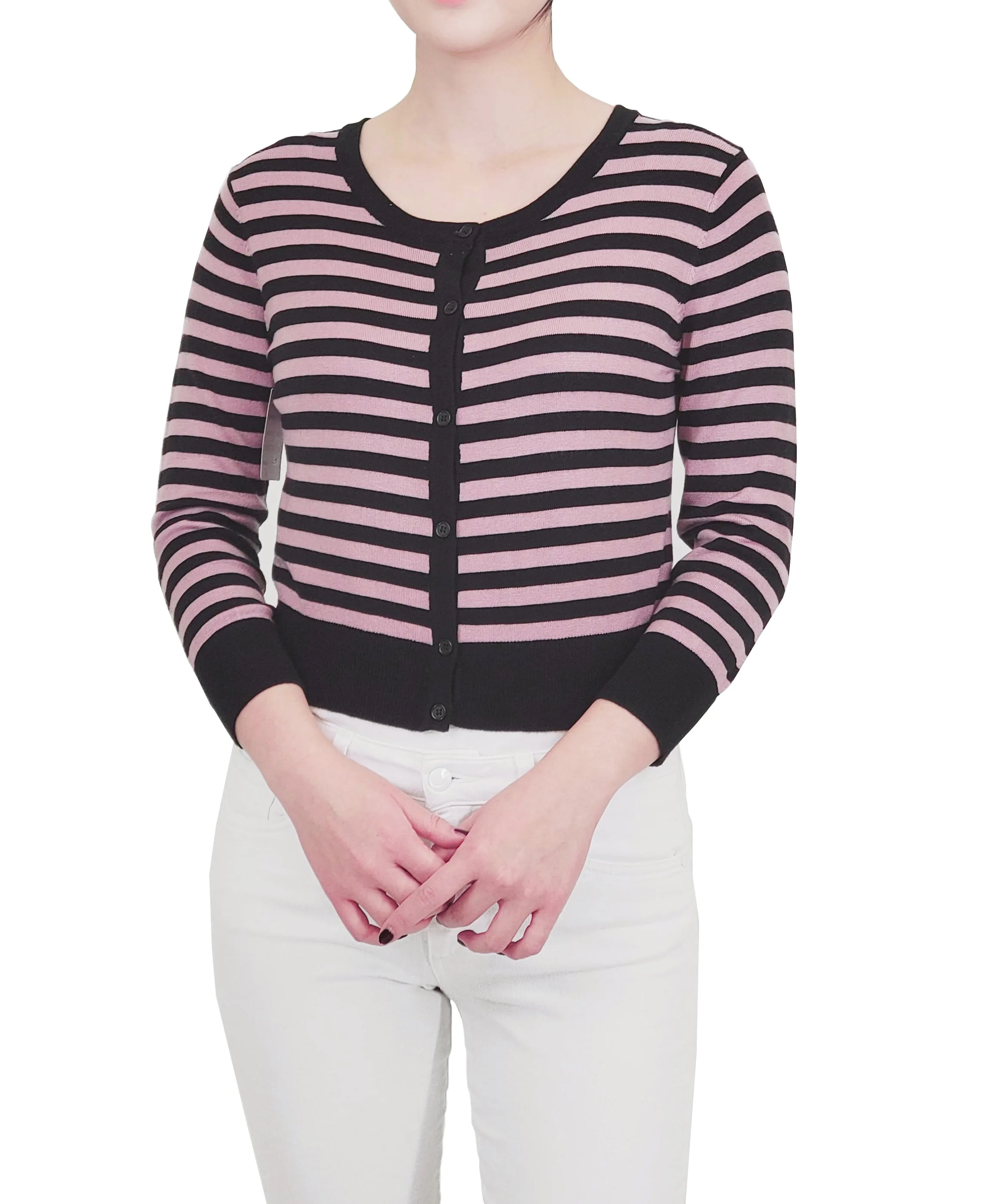 Yemak Women's 3/4 Sleeve Crewneck Striped Sweater Cardigan MK3521